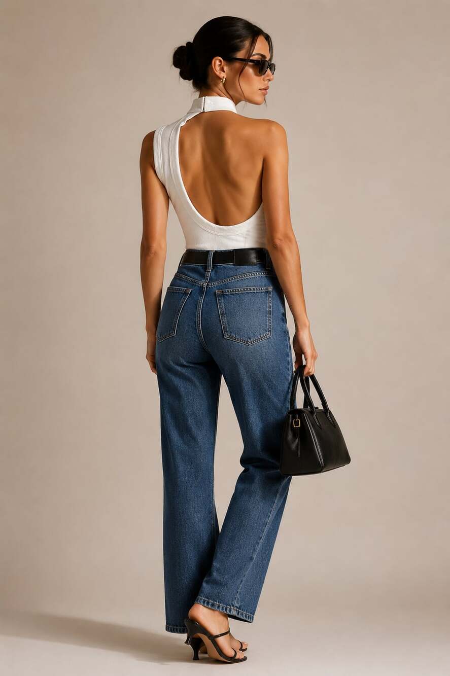 FUMI NWT NYC Chic Model Off Duty Choker Neck Open Back Bodysuit White Size M